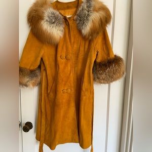 Cognac colored suede coat with fur trim. Vintage
